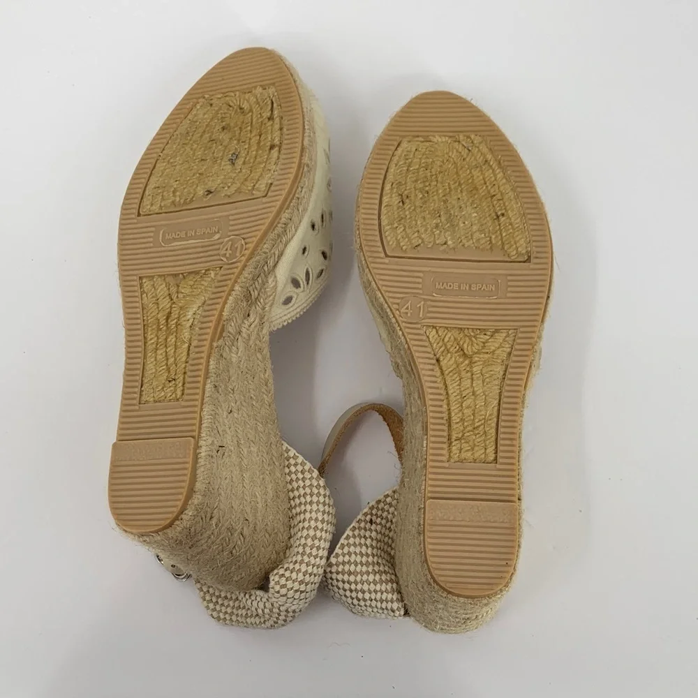 Maypol Espadrille shoe wedge platform eyelet floral tan brown Jute cut-out 41 10